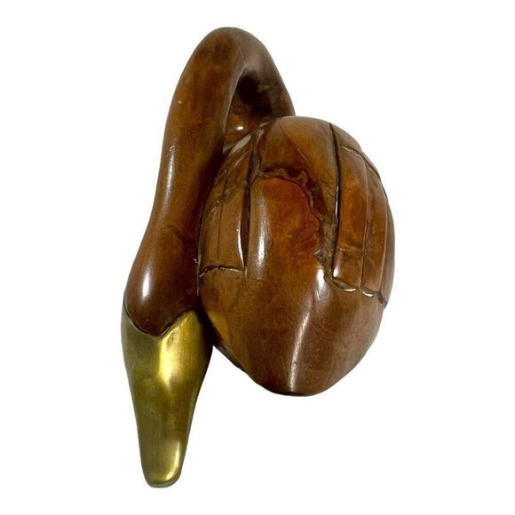 Large Vintage Midcentury Modern Wooden Swan Sculpture Goose Brass Beak 13” Wood - Picture 5 of 9